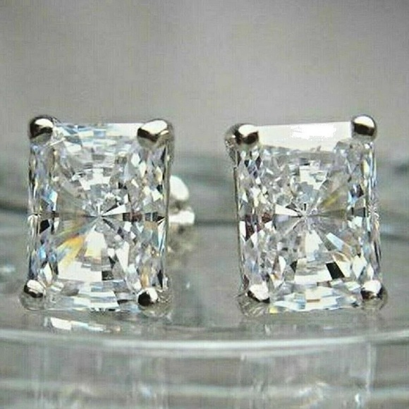3.79Ct GUMBO Emerald Cut Square Rectangular Simulated Diamond Earrings STuds - Picture 9 of 16